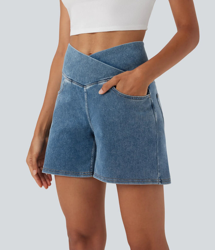 Jean & Marie Short décontracté évasé à jambe large en denim extensible délavé taille haute croisée avec poches multiples