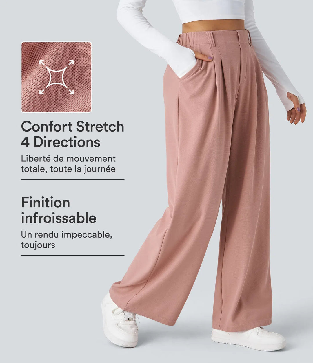 Pantalon fluide à taille haute et jambes larges, en tissu gaufré, avec poches latérales