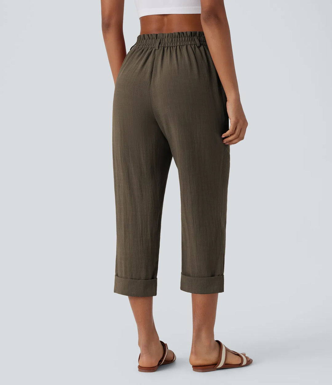 Pantalon capri effet lin taille haute avec poches zippées