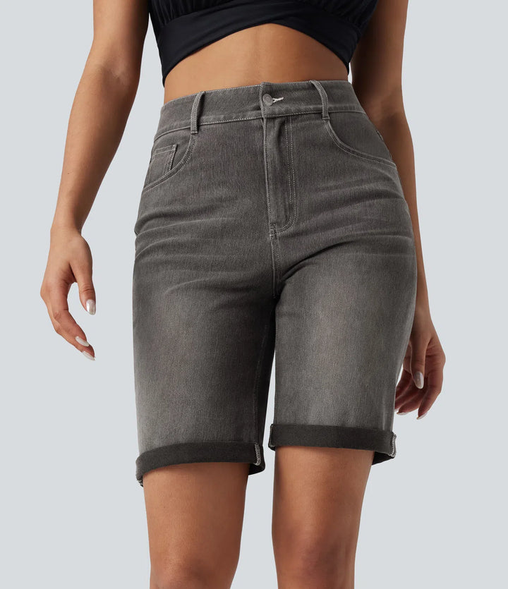 Bermuda décontracté en jean extensible délavé Halara Flex™ taille haute avec revers et multiples poches