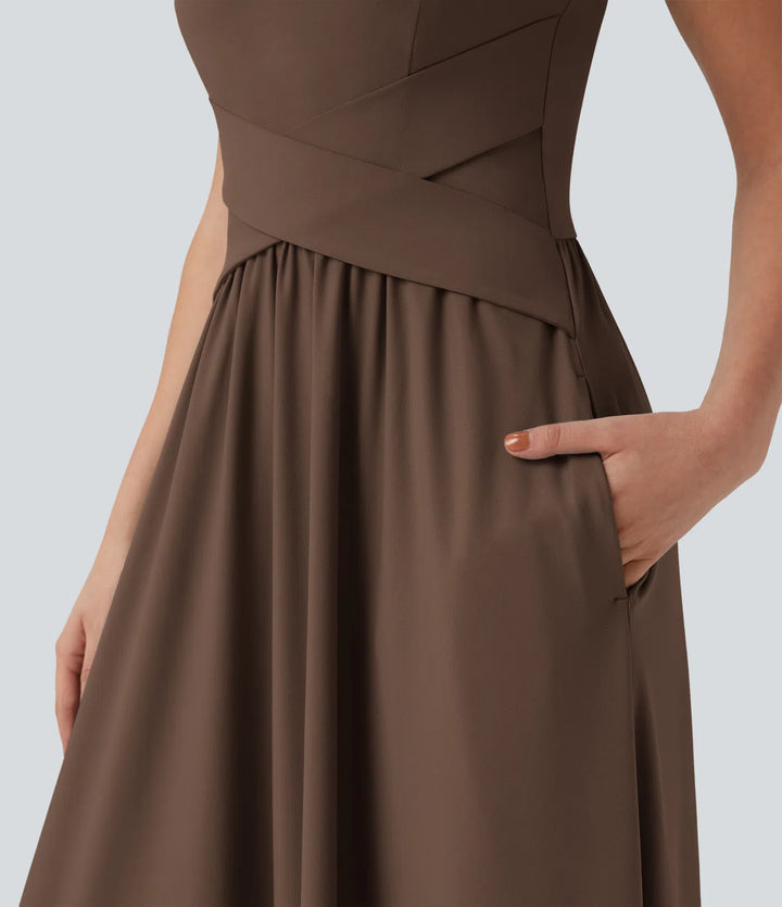 Robe maxi casual fluide dos nu, avec brassière intégrée et poches
