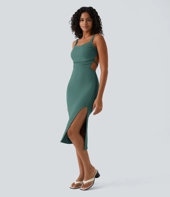 Robe midi casual laquée fendue, brassière intégrée, dos nu croisé