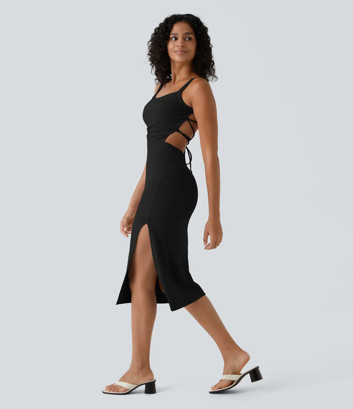Robe midi casual laquée fendue, brassière intégrée, dos nu croisé