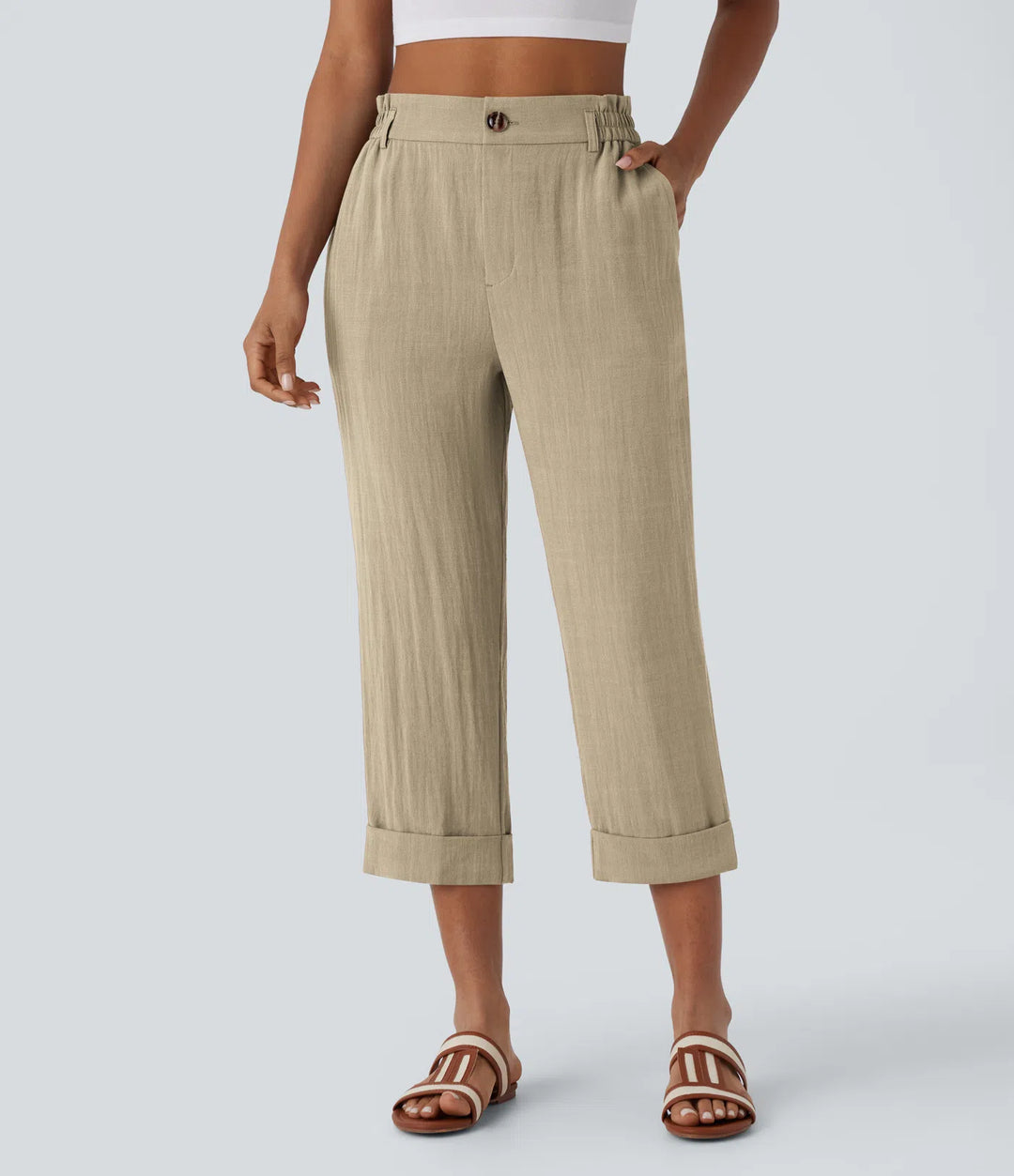 Pantalon capri effet lin taille haute avec poches zippées