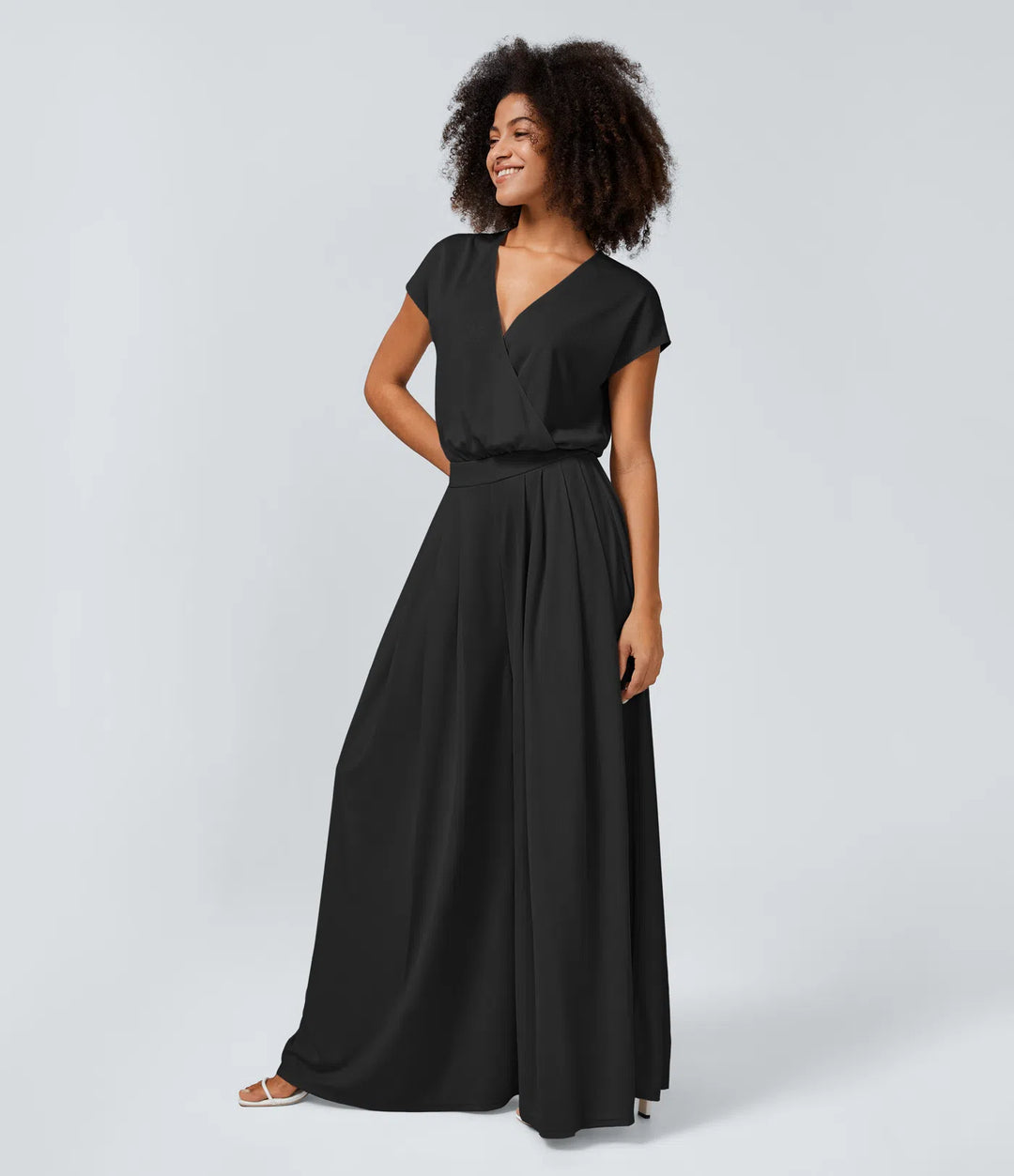 Combinaison Casual Col en V Jambes Large Plissée Manches Courtes Poche Latérale Gaufrée Fluide
