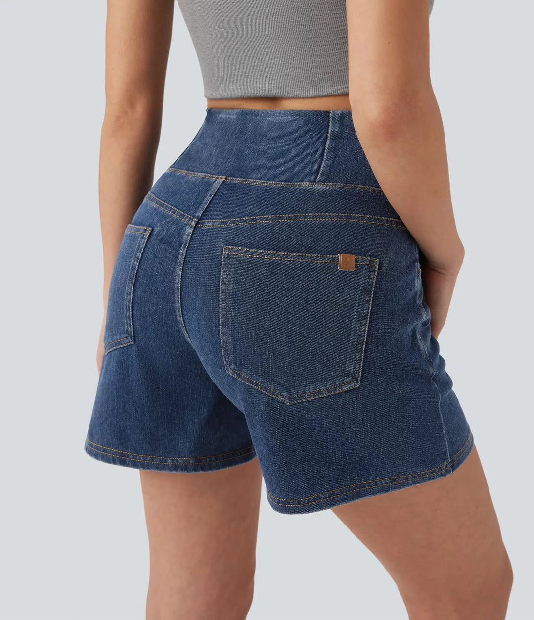 Jean & Marie Short décontracté évasé à jambe large en denim extensible délavé taille haute croisée avec poches multiples