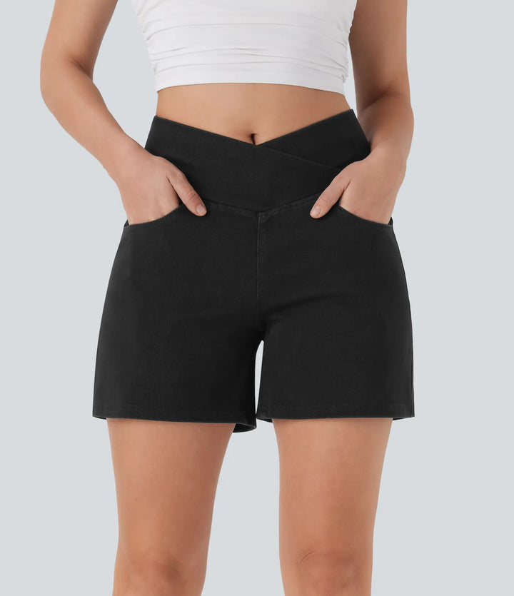 Jean & Marie Short décontracté évasé à jambe large en denim extensible délavé taille haute croisée avec poches multiples
