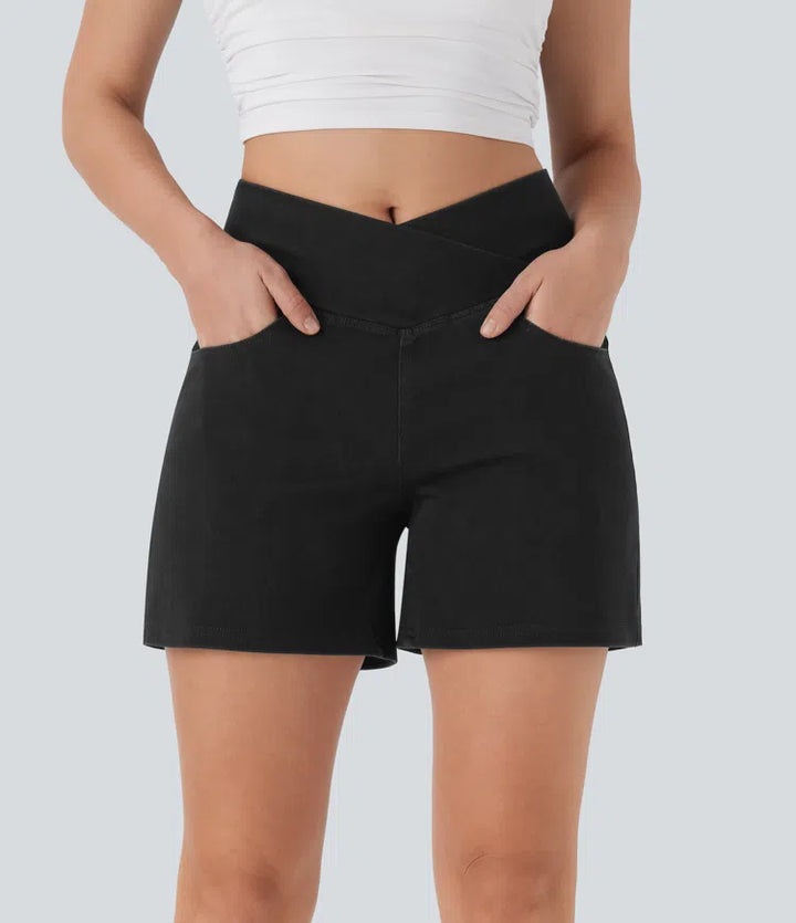 Jean & Marie Short décontracté évasé à jambe large en denim extensible délavé taille haute croisée avec poches multiples