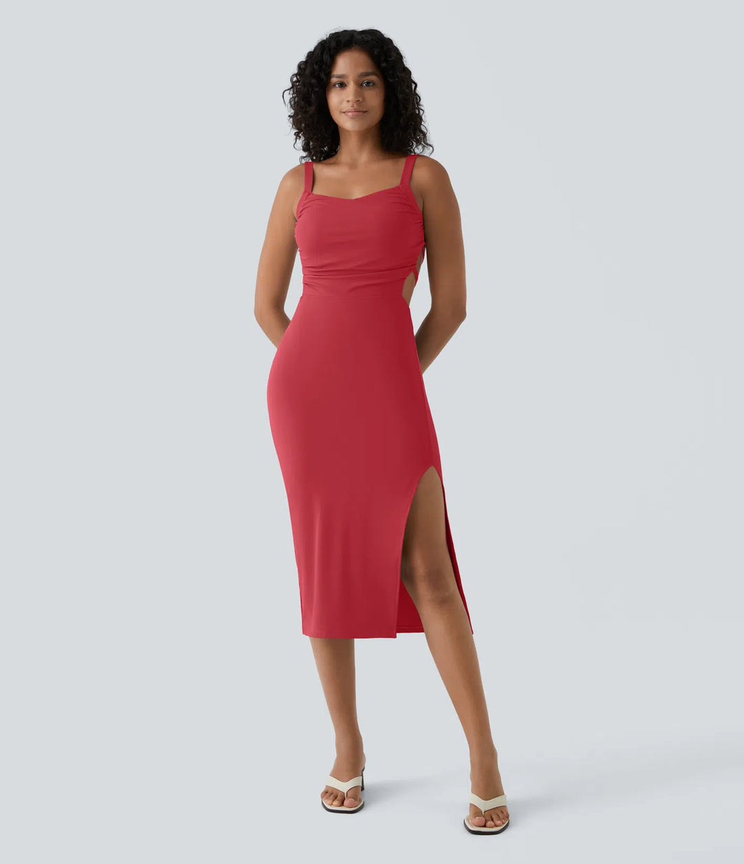 Robe midi casual laquée fendue, brassière intégrée, dos nu croisé