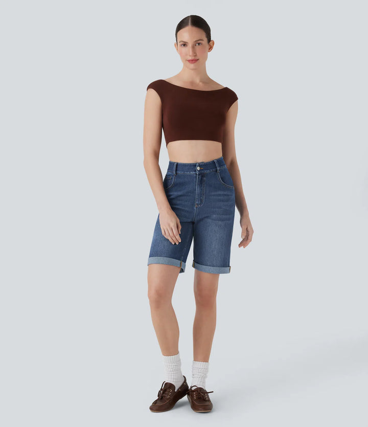 Bermuda décontracté en jean extensible délavé Halara Flex™ taille haute avec revers et multiples poches