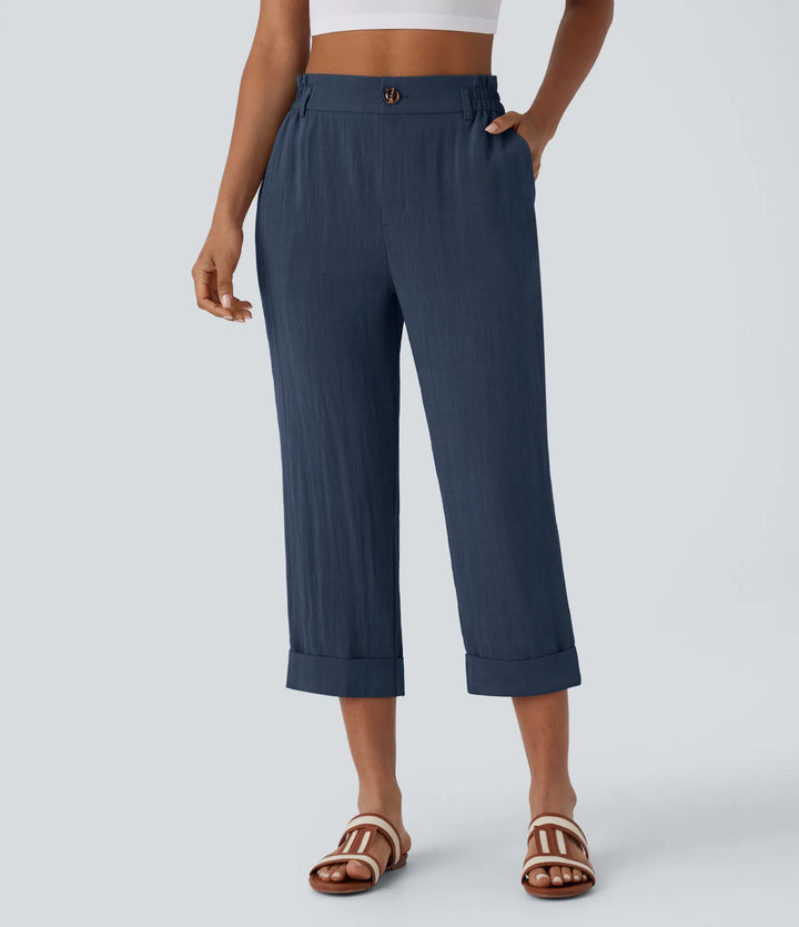 Pantalon capri effet lin taille haute avec poches zippées