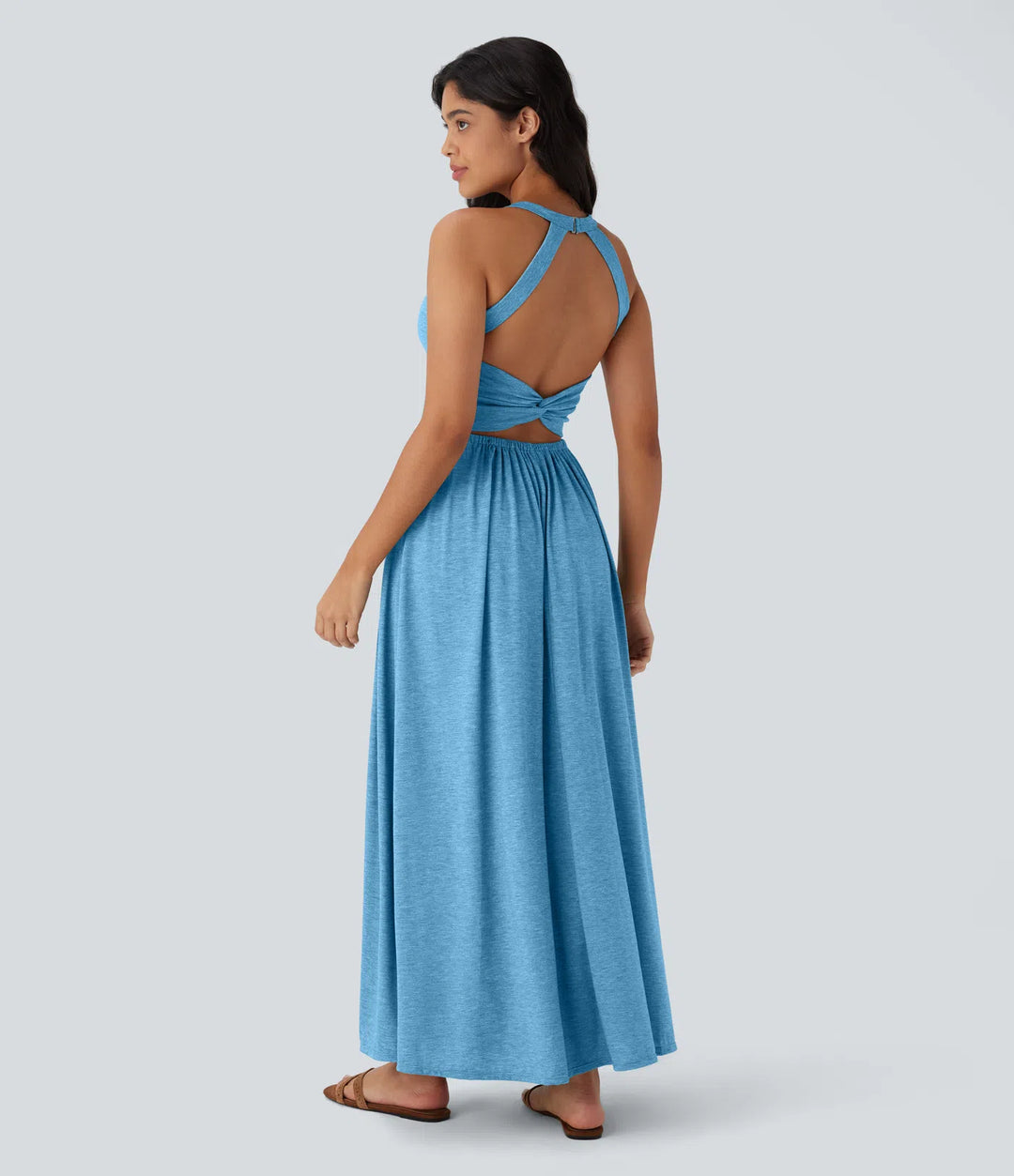 Robe longue fluide fendue avec poches latérales, dos nu et effet torsadé
