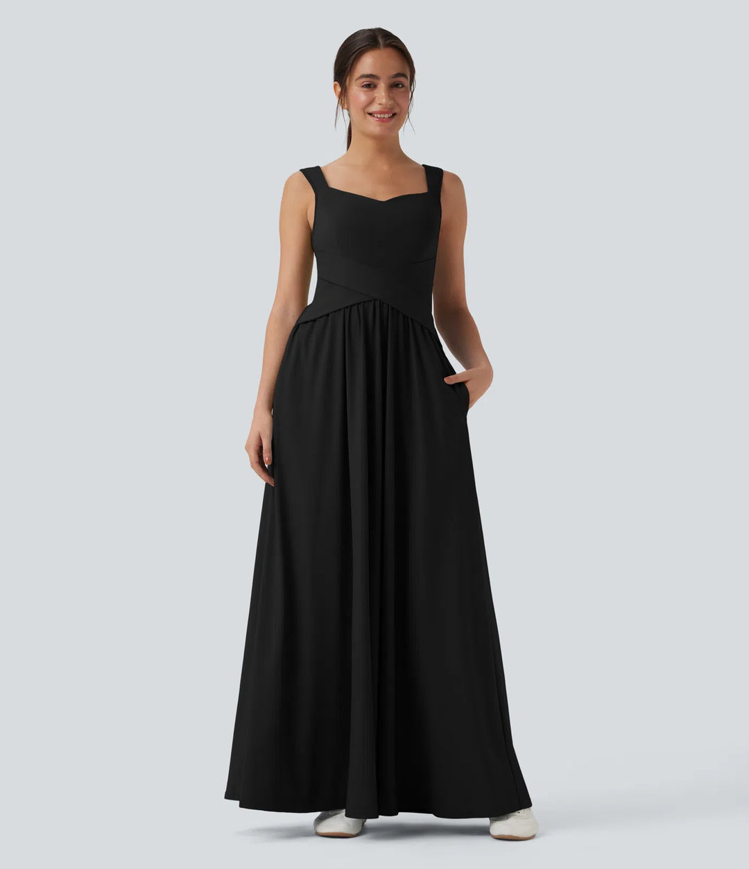 Robe maxi casual fluide dos nu, avec brassière intégrée et poches
