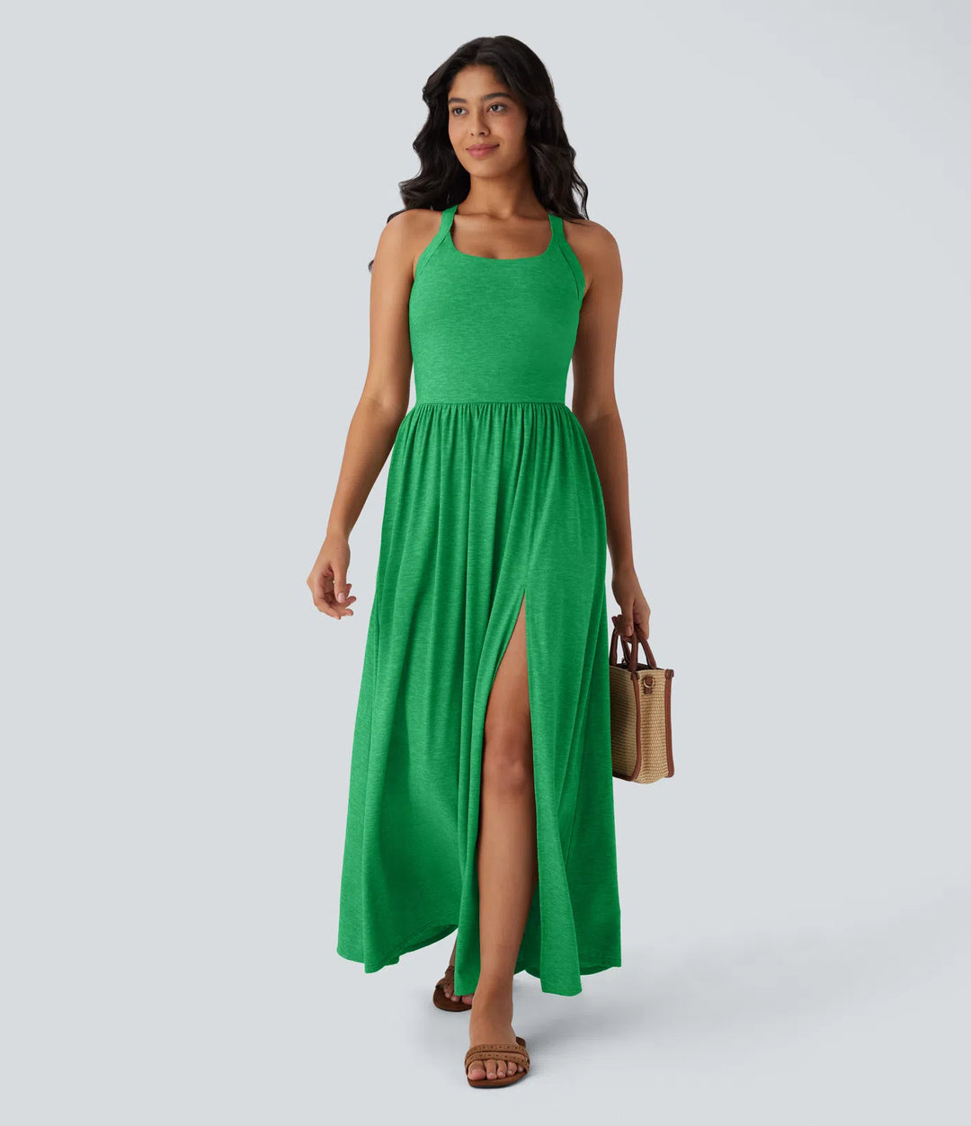Robe longue fluide fendue avec poches latérales, dos nu et effet torsadé