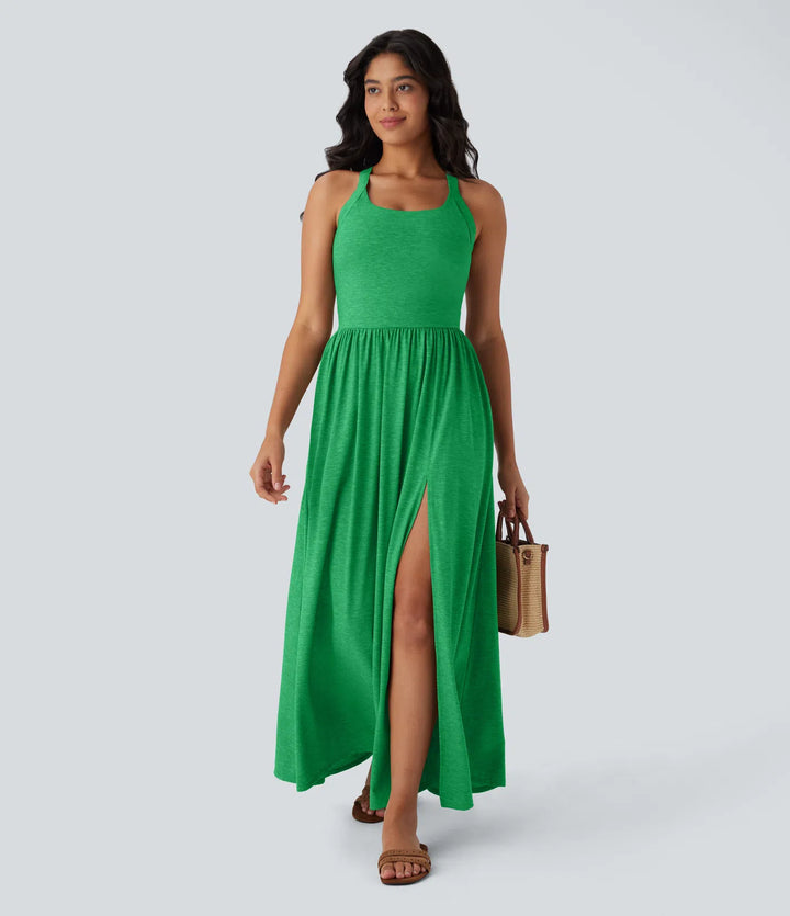 Robe longue fluide fendue avec poches latérales, dos nu et effet torsadé