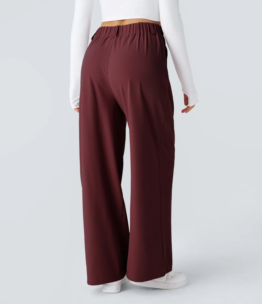Pantalon Tailleur Large Fluide Gaufré Taille Haute Poches Latérales