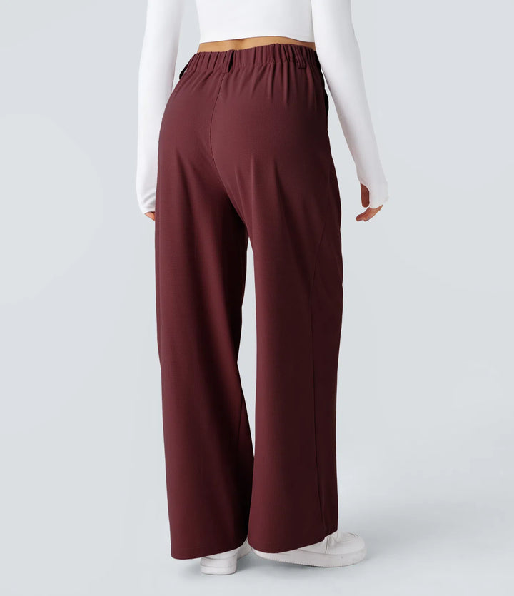 Pantalon Tailleur Large Fluide Gaufré Taille Haute Poches Latérales