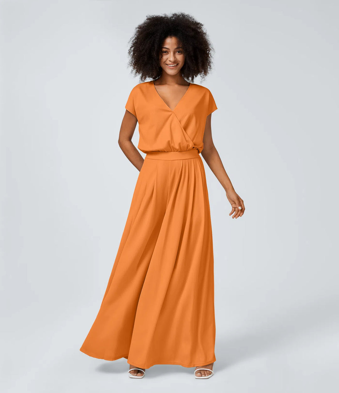 Combinaison Casual Col en V Jambes Large Plissée Manches Courtes Poche Latérale Gaufrée Fluide