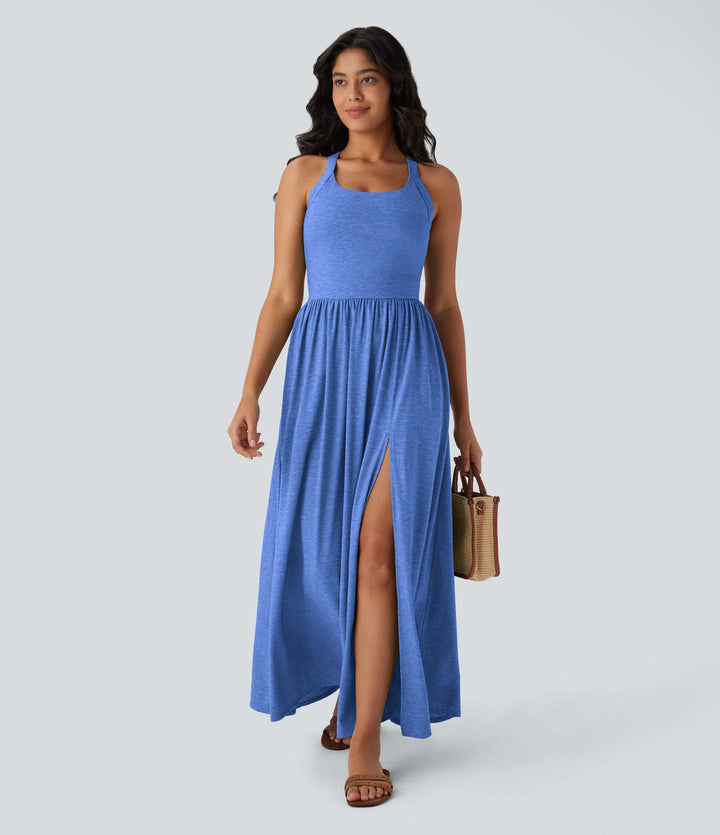 Robe longue fluide fendue avec poches latérales, dos nu et effet torsadé