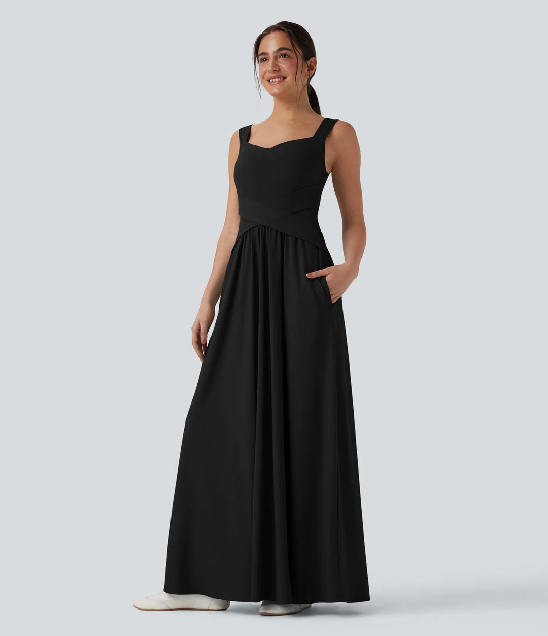 Robe maxi casual fluide dos nu, avec brassière intégrée et poches
