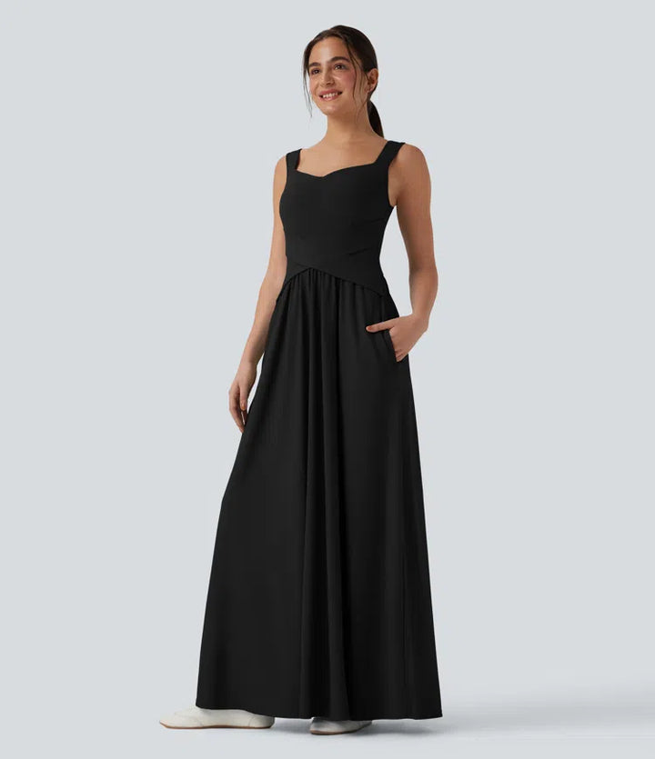 Robe maxi casual fluide dos nu, avec brassière intégrée et poches