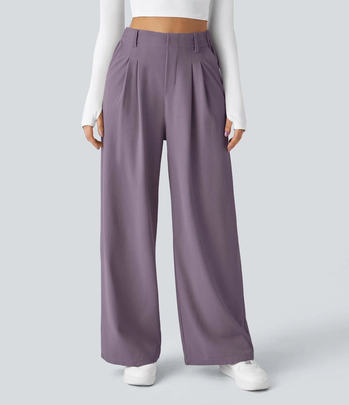 Pantalon fluide à taille haute et jambes larges, en tissu gaufré, avec poches latérales