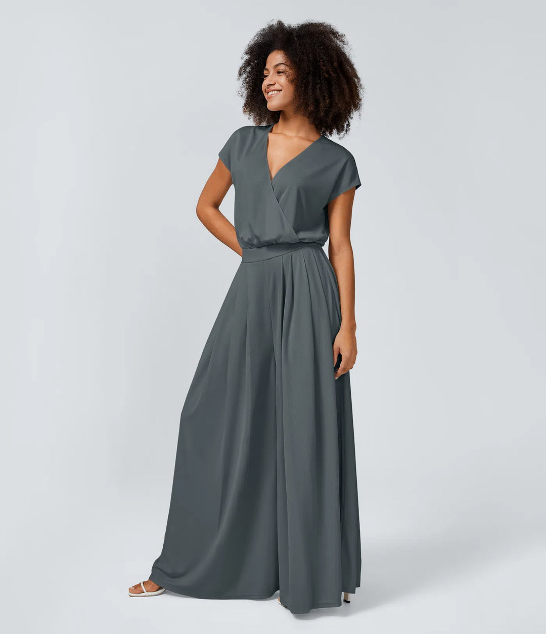 Combinaison Casual Col en V Jambes Large Plissée Manches Courtes Poche Latérale Gaufrée Fluide