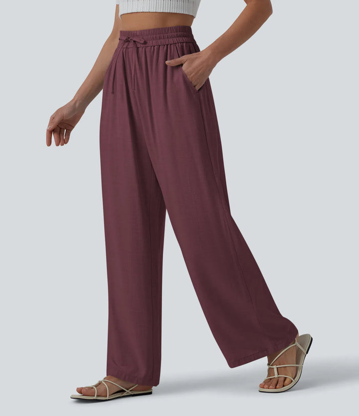 Pantalon casual large mélange lin taille haute avec cordon de serrage et poches
