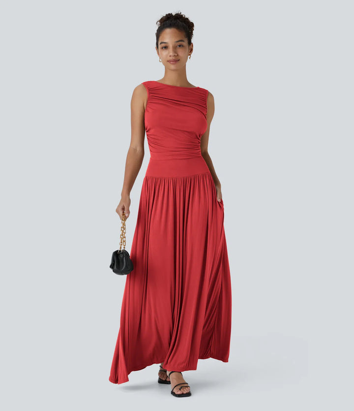 Robe longue décontractée à encolure bateau, bretelles asymétriques, côtés froncés et poches