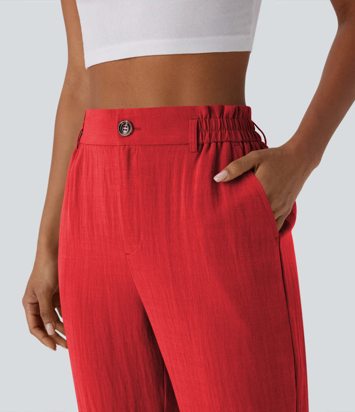 Pantalon capri effet lin taille haute avec poches zippées