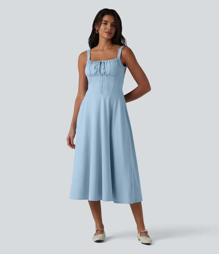 Robe fluide midi de villégiature sans manches, encolure carrée, dos nu croisé, fronces et soutien-gorge intégré