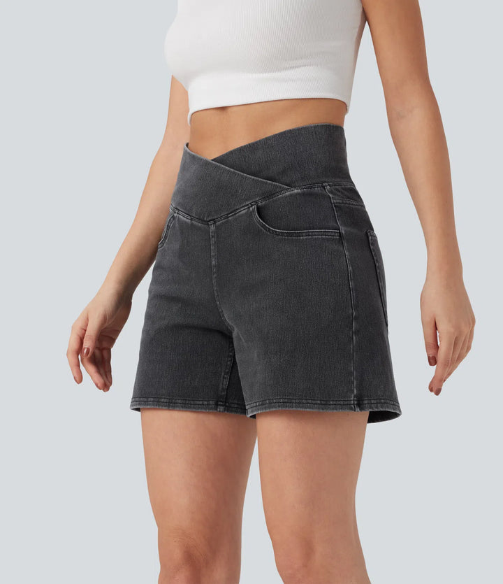 Jean & Marie Short décontracté évasé à jambe large en denim extensible délavé taille haute croisée avec poches multiples