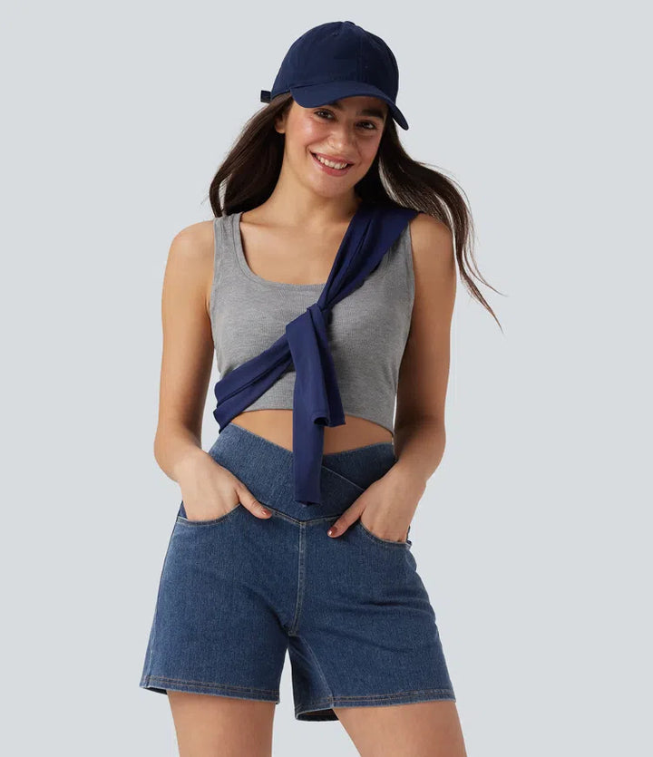 Jean & Marie Short décontracté évasé à jambe large en denim extensible délavé taille haute croisée avec poches multiples