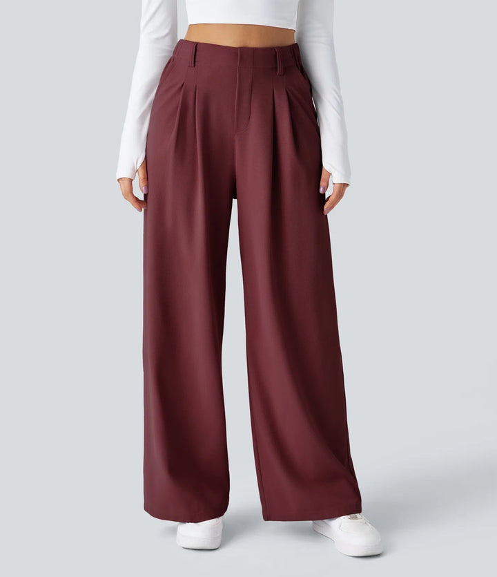 Pantalon Tailleur Large Fluide Gaufré Taille Haute Poches Latérales