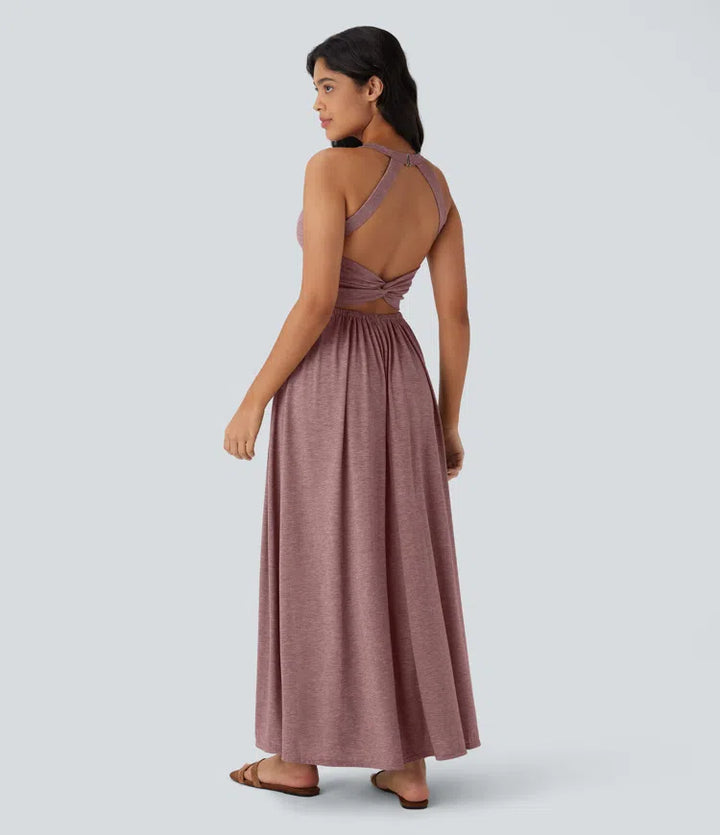 Robe longue fluide fendue avec poches latérales, dos nu et effet torsadé