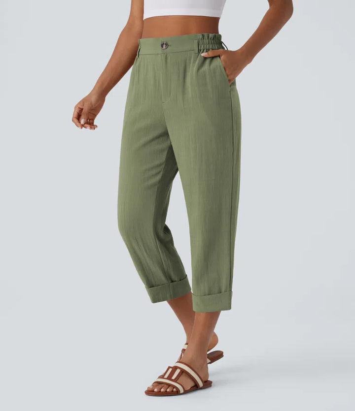 Pantalon capri effet lin taille haute avec poches zippées