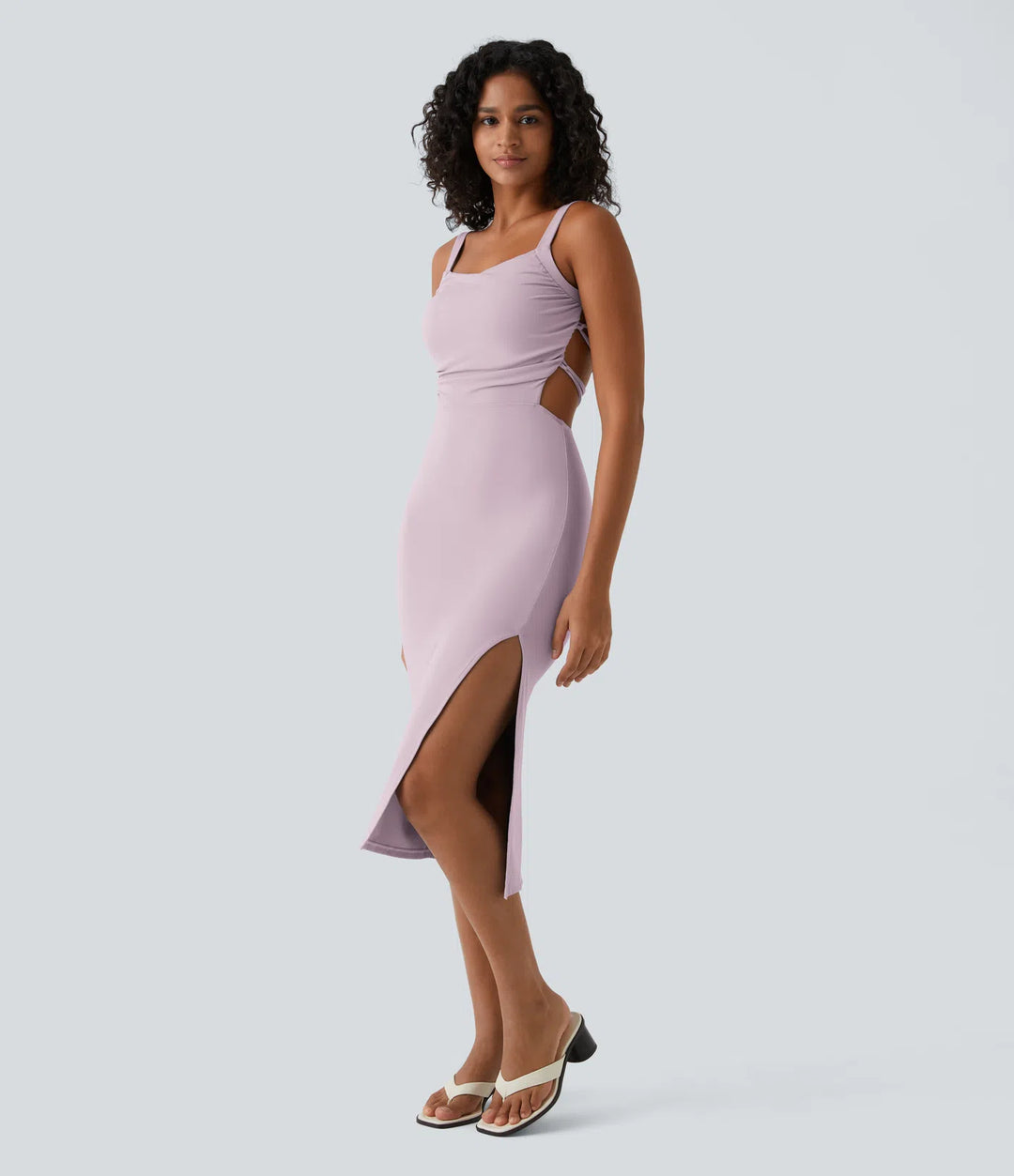 Robe midi casual laquée fendue, brassière intégrée, dos nu croisé