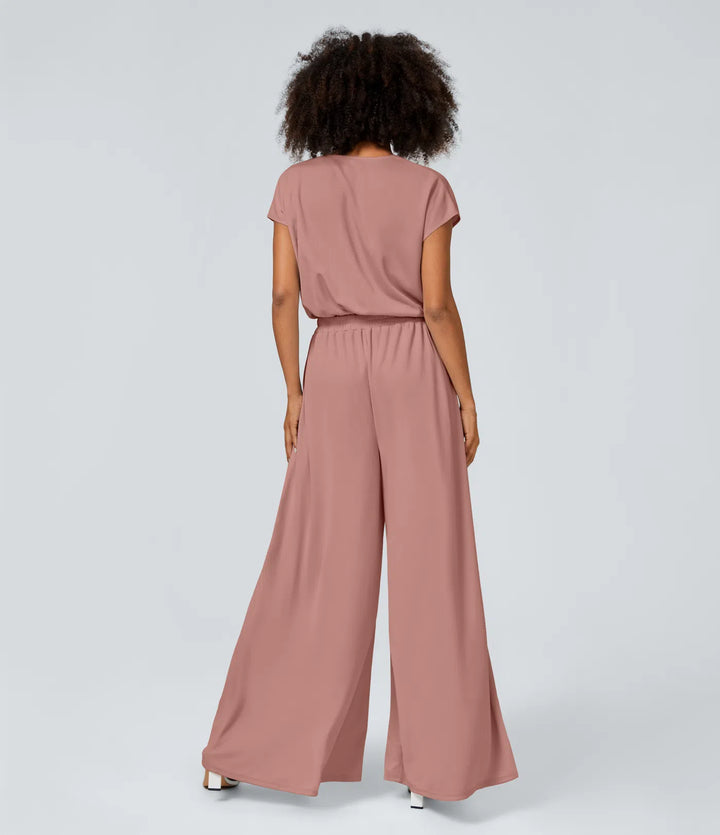 Combinaison Casual Col en V Jambes Large Plissée Manches Courtes Poche Latérale Gaufrée Fluide