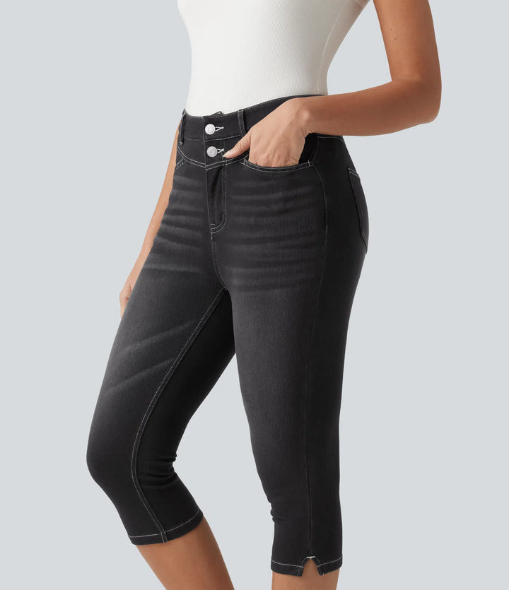 Jean slim casual capri taille haute avec fentes et poches