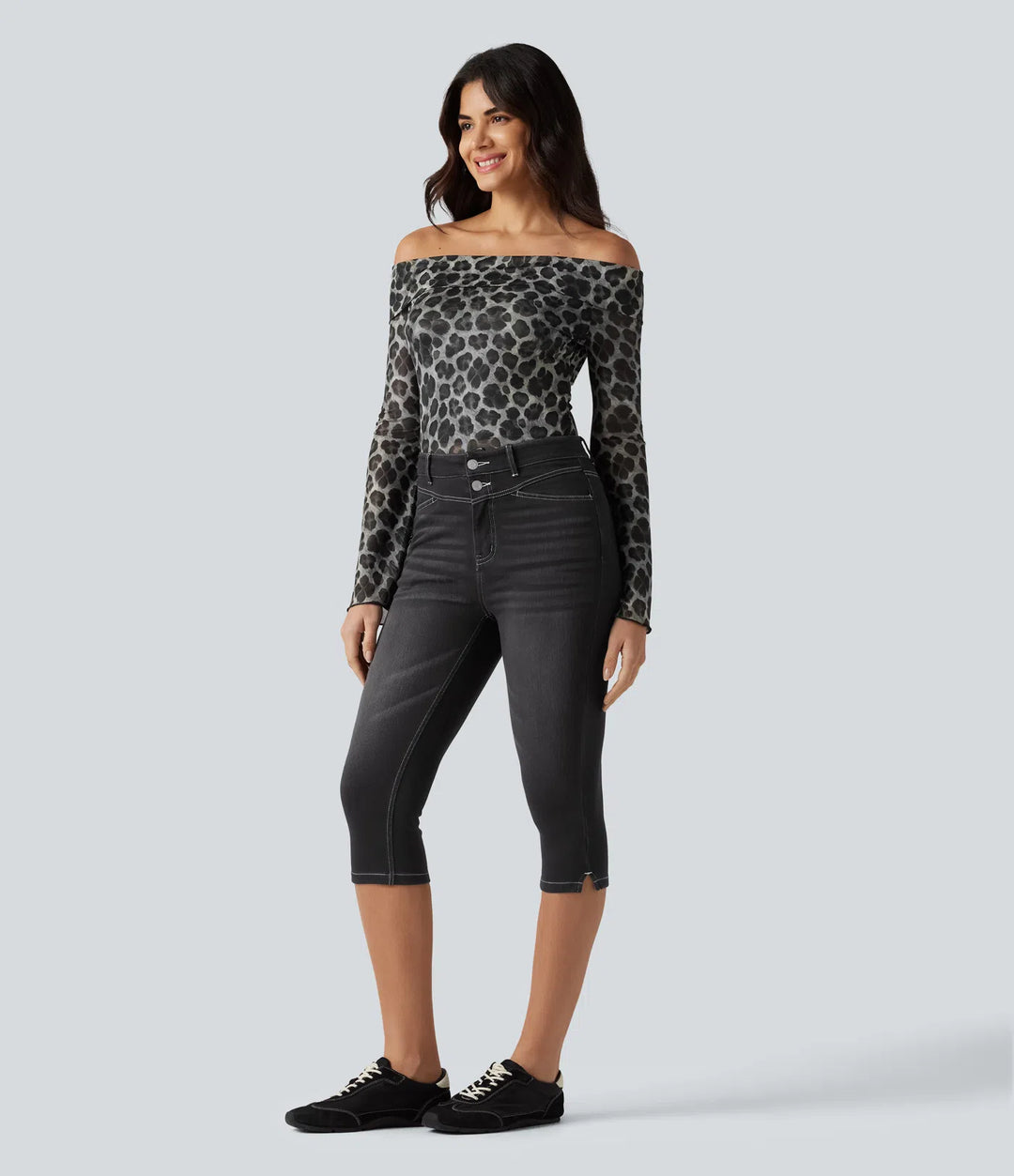 Jean slim casual capri taille haute avec fentes et poches