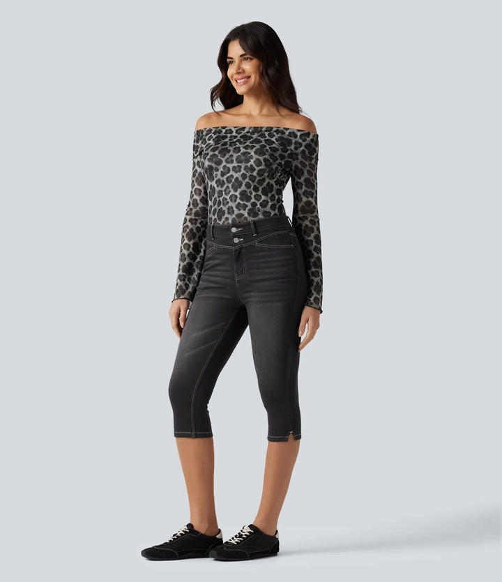 Jean slim casual capri taille haute avec fentes et poches