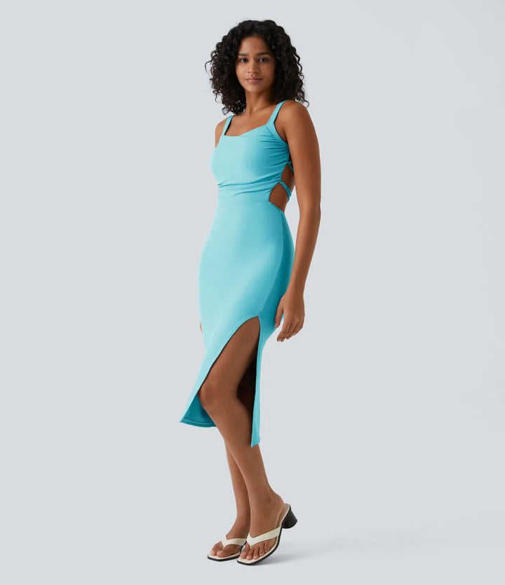 Robe midi casual laquée fendue, brassière intégrée, dos nu croisé