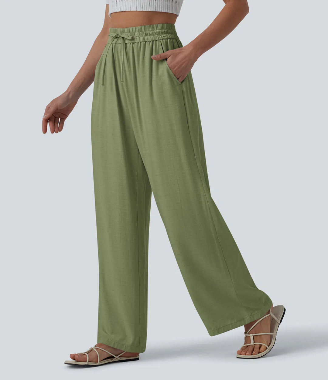 Pantalon casual large mélange lin taille haute avec cordon de serrage et poches
