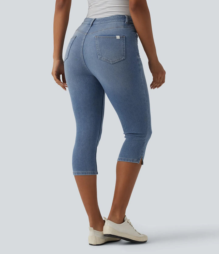 Jean slim casual capri taille haute avec fentes et poches