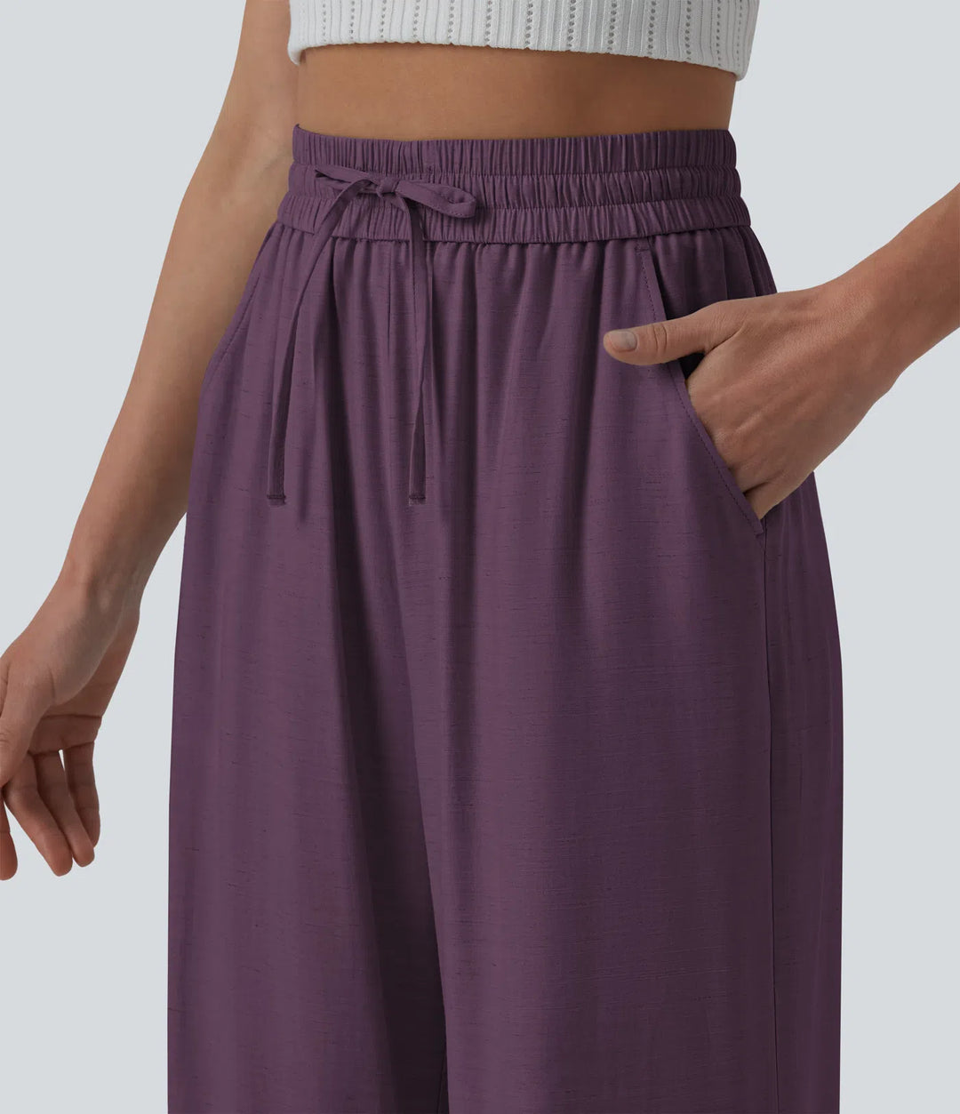 Pantalon casual large mélange lin taille haute avec cordon de serrage et poches