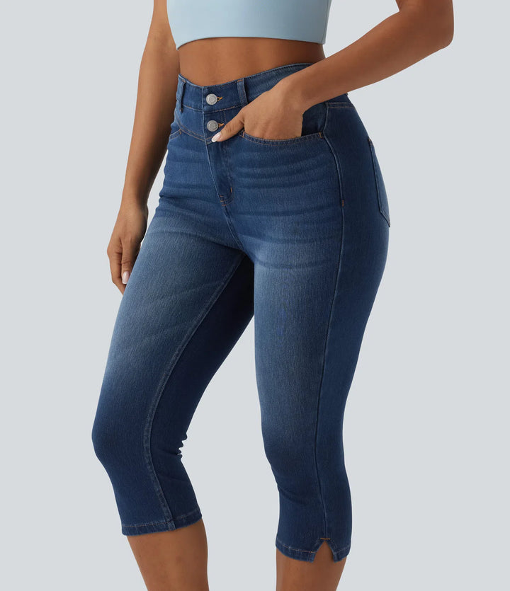 Jean slim casual capri taille haute avec fentes et poches