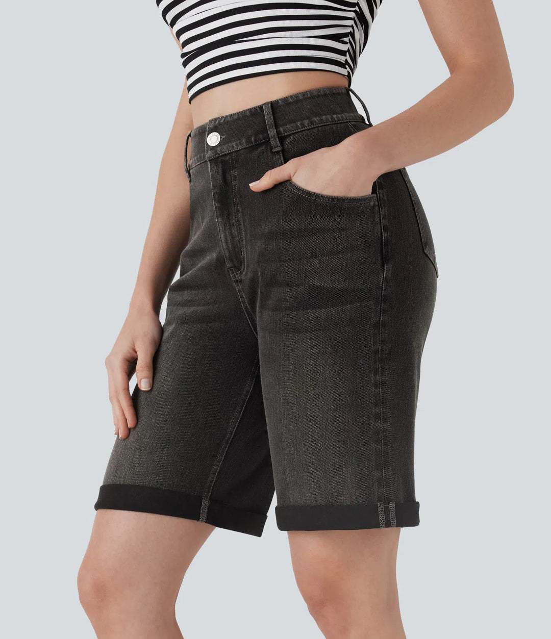 Bermuda décontracté en jean extensible délavé Halara Flex™ taille haute avec revers et multiples poches