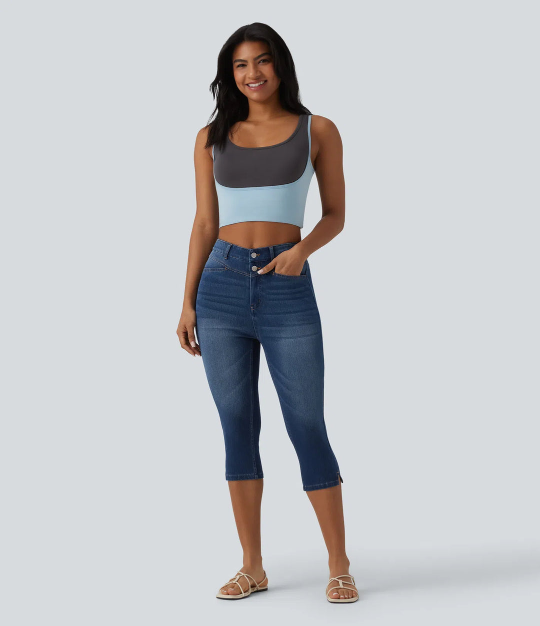 Jean slim casual capri taille haute avec fentes et poches