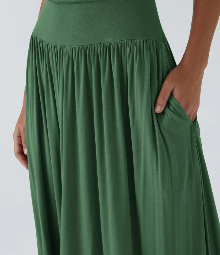 Robe longue décontractée à encolure bateau, bretelles asymétriques, côtés froncés et poches
