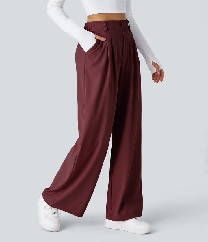 Pantalon Tailleur Large Fluide Gaufré Taille Haute Poches Latérales